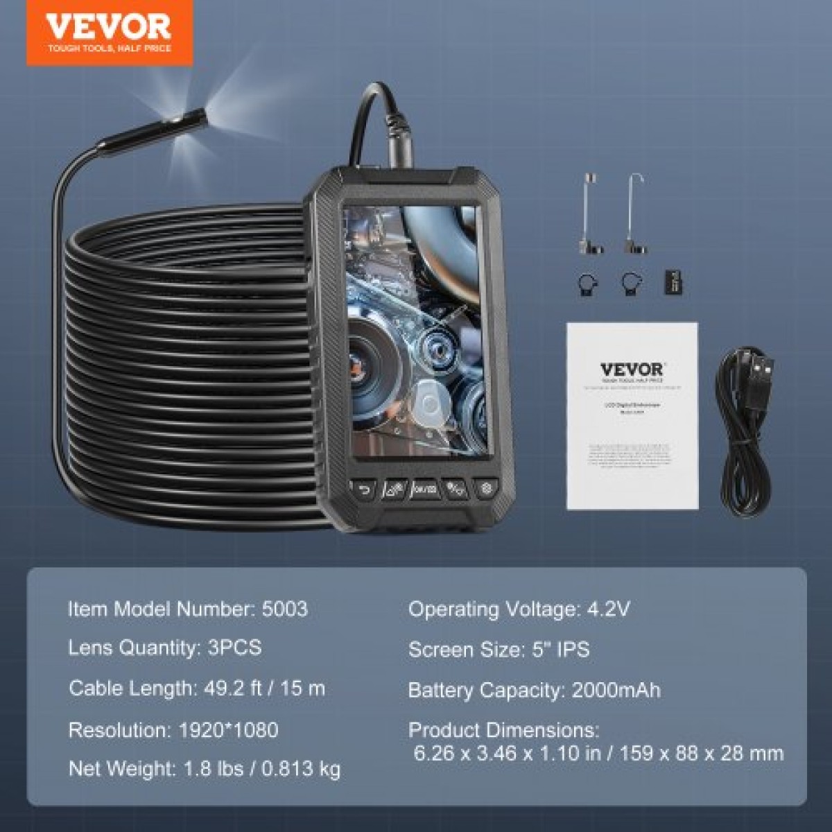 VEVOR Endoscope Camera with Lights Triple Lens Borescope 1499,6 cm Cable 12,7 cm Screen