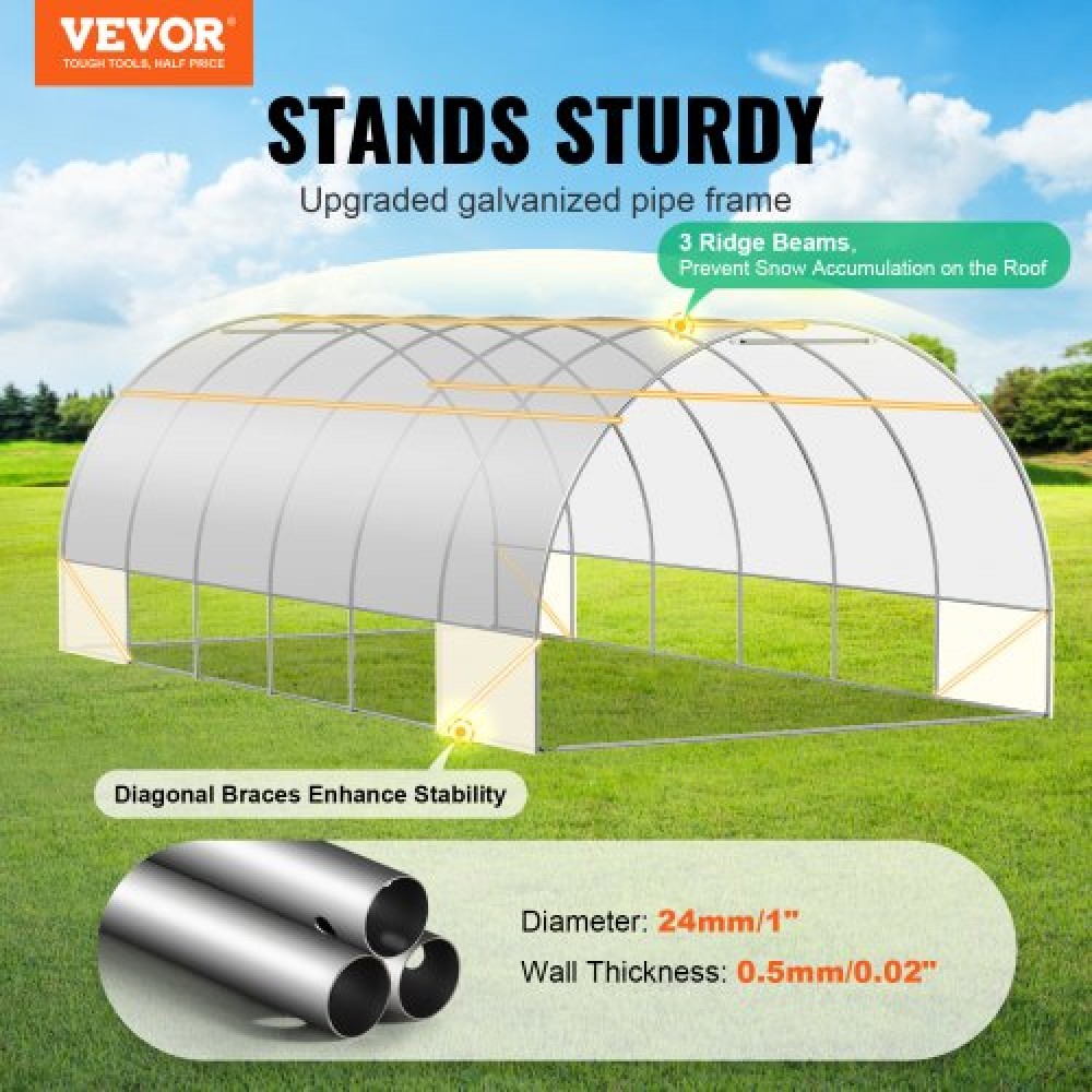 Θερμοκήπιο VEVOR Walk-in Tunnel, 19,4x9,7x6,5 ft Σήραγγα Θερμοκηπίου Hoop House, Plant Hot House με πλαίσιο από γαλβανισμένο χάλυβα, λευκό κάλυμμα PE, πόρτα με φερμουάρ και 12 παράθυρα για εξωτερικούς χώρους