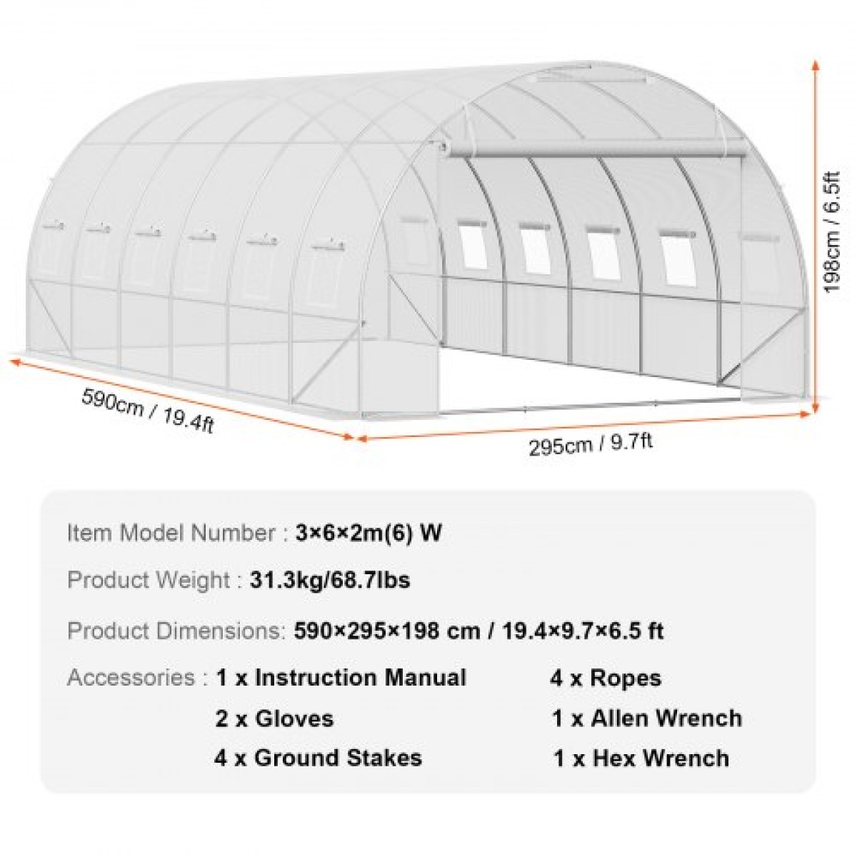 Θερμοκήπιο VEVOR Walk-in Tunnel, 19,4x9,7x6,5 ft Σήραγγα Θερμοκηπίου Hoop House, Plant Hot House με πλαίσιο από γαλβανισμένο χάλυβα, λευκό κάλυμμα PE, πόρτα με φερμουάρ και 12 παράθυρα για εξωτερικούς χώρους