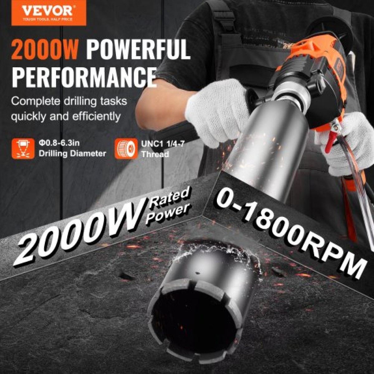 VEVOR Core Drill Machine 2,03-16 cm Dia 2000W Handheld Core Drill Rig for Mixing