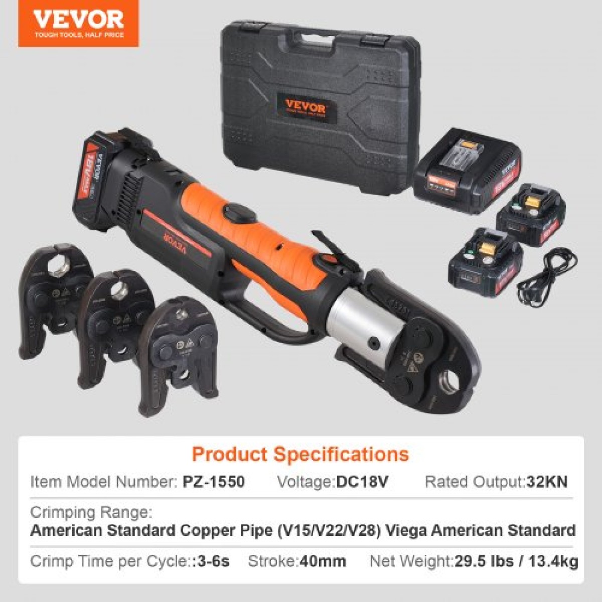 VEVOR Press Tool and Battery Kit, Press Tool, Electric Pipe Crimping Tool with V15, V22, V28 Jaws, Press Tool Kit με 2 τμχ μπαταρία 18V 4.0Ah, γρήγορο φορτιστή και θήκη μεταφοράς