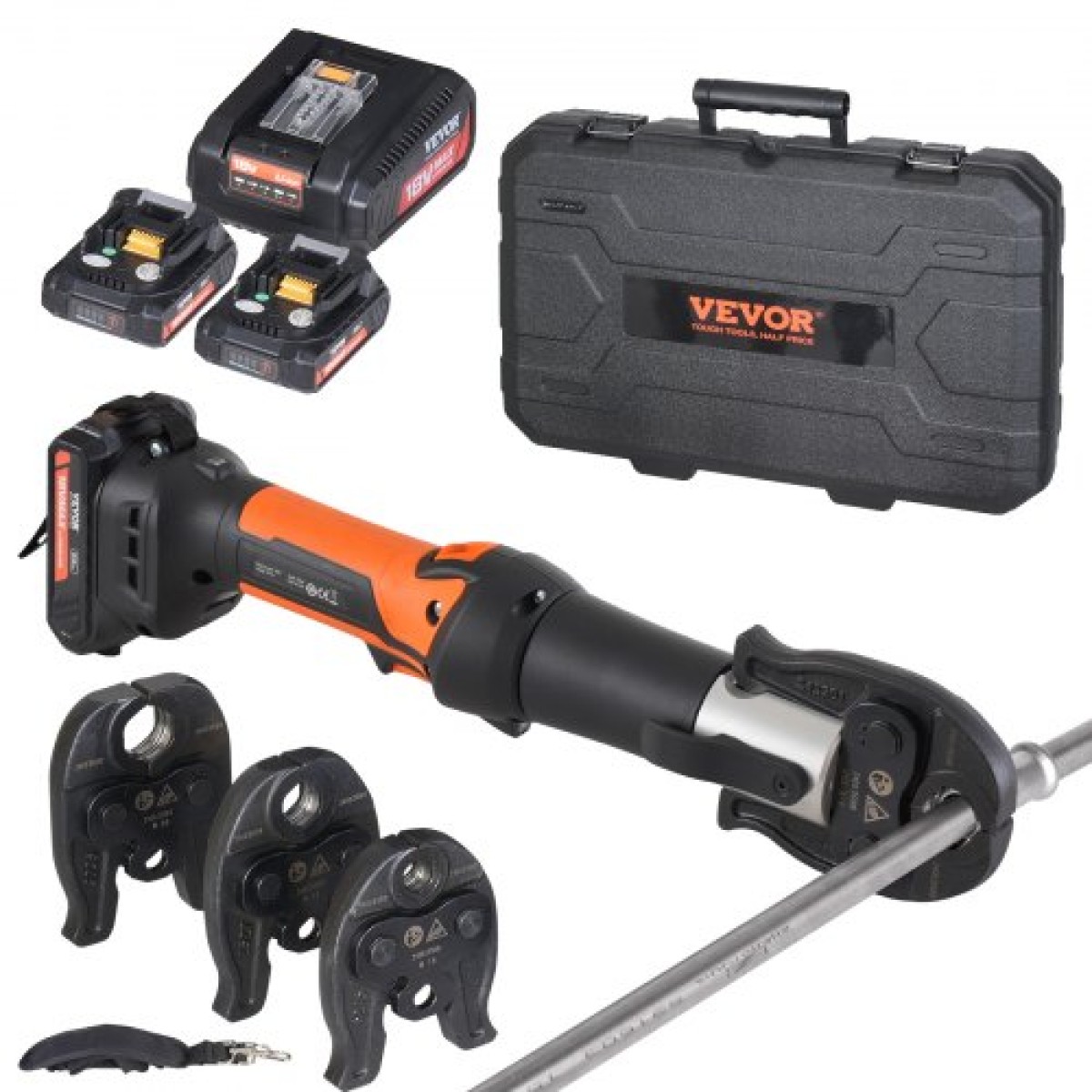 VEVOR Press Tool and Battery Kit, Press Tool, Electric Pipe Crimping Tool with V15, V22, V28 Jaws, Press Tool Kit με 2 τμχ μπαταρία 18V 2.0Ah, γρήγορο φορτιστή και θήκη μεταφοράς