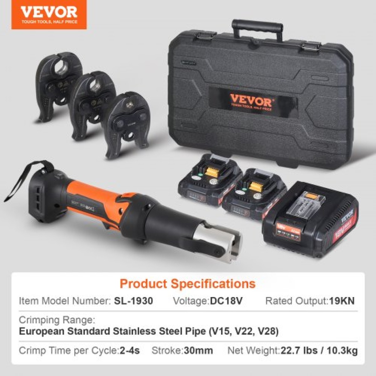 VEVOR Press Tool and Battery Kit, Press Tool, Electric Pipe Crimping Tool with V15, V22, V28 Jaws, Press Tool Kit με 2 τμχ μπαταρία 18V 2.0Ah, γρήγορο φορτιστή και θήκη μεταφοράς