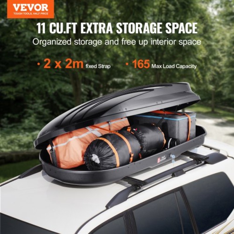 VEVOR Rooftop Cargo Carrier, 11 Cubic Feet Roof Cargo Box, ABS Hard Shell Roof Box, με άνοιγμα διπλής όψης και 2 ενισχυμένους ιμάντες, Αεροδυναμική, Κατάλληλη για τις περισσότερες Crossbar, για Αυτοκίνητο, Βαγόνι, SUV, Μαύρο