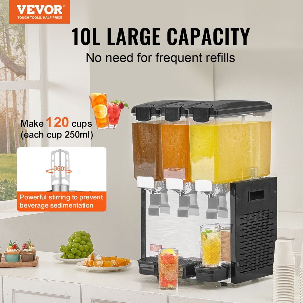 VEVOR Commercial Beverage Dispenser, 3 Tanks 10 L Per Tank Juice Dispenser, 440W Inox Ice Tea Drink Machine με θερμοκρασία ψύξης 45°F-54°F, για κρύο ποτό Restaurant Bar Party