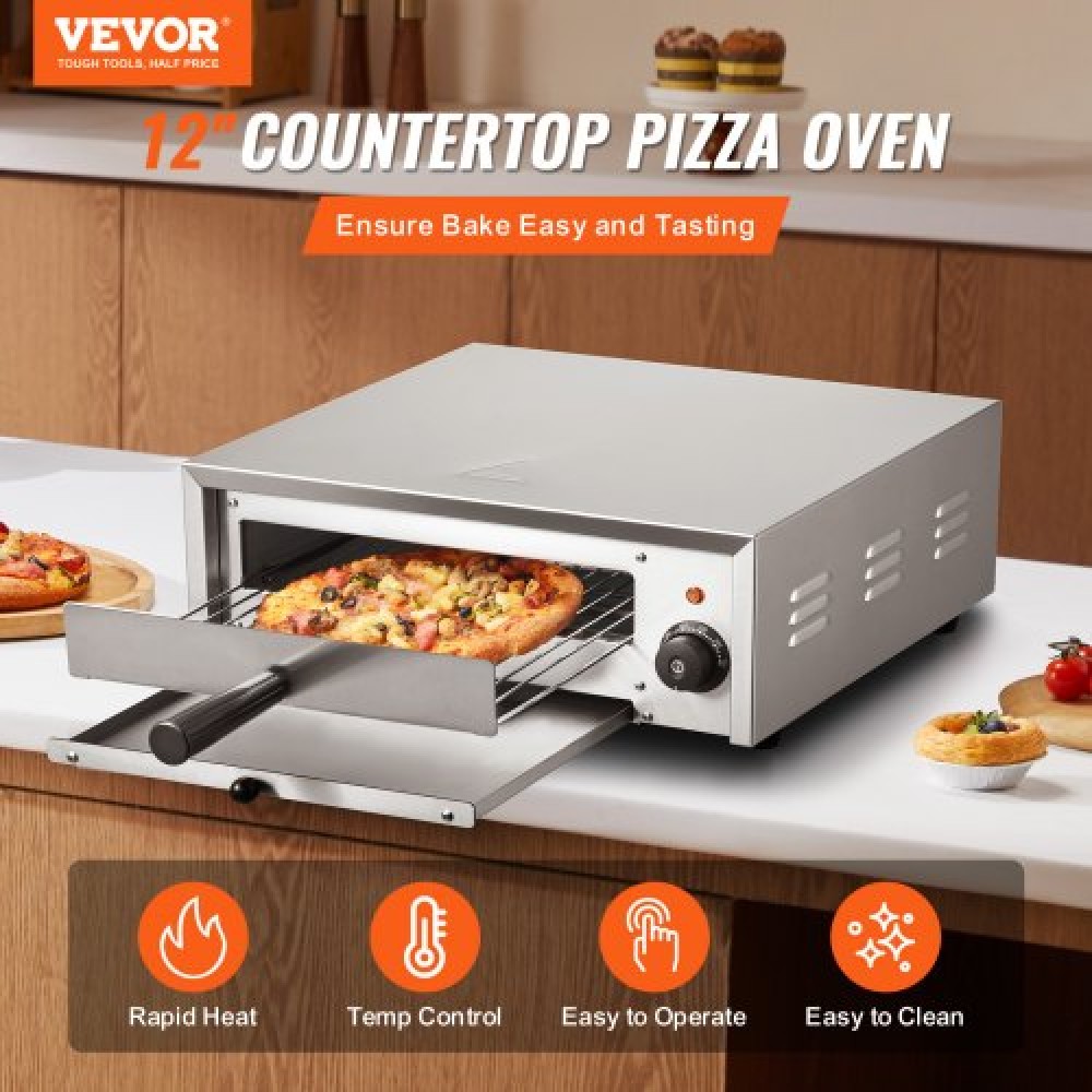 Ηλεκτρικός φούρνος πίτσας VEVOR, 12 ιντσών, 1500 W, εύρος θερμοκρασίας 0-300°C, κατασκευή από ανοξείδωτο χάλυβα και δίσκος για ψίχουλα που καθαρίζεται εύκολα, κατάλληλος τόσο για επαγγελματική όσο και για οικιακή χρήση