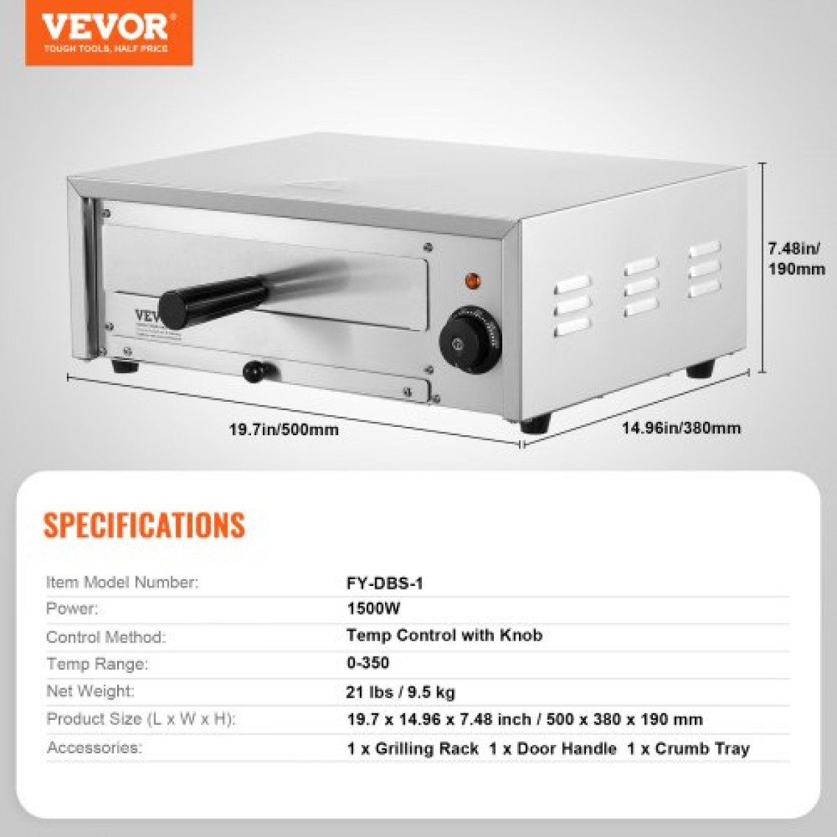 Ηλεκτρικός φούρνος πίτσας VEVOR, 12 ιντσών, 1500 W, εύρος θερμοκρασίας 0-300°C, κατασκευή από ανοξείδωτο χάλυβα και δίσκος για ψίχουλα που καθαρίζεται εύκολα, κατάλληλος τόσο για επαγγελματική όσο και για οικιακή χρήση