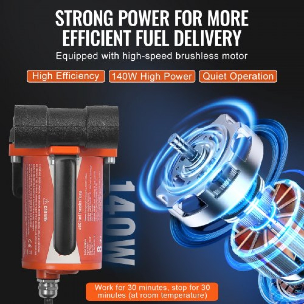 Αντλία μεταφοράς καυσίμου VEVOR, 12V DC 30L/min (8 GPM) 124W (1/6 HP), Φορητή ηλεκτρική αντλία μεταφοράς ντίζελ με ακροφύσιο αυτόματης απενεργοποίησης καυσίμου, μακρύς εύκαμπτος σωλήνας εισόδου & εξόδου για μείγματα βενζίνης, ντίζελ, κηροζίνης, μεθανό