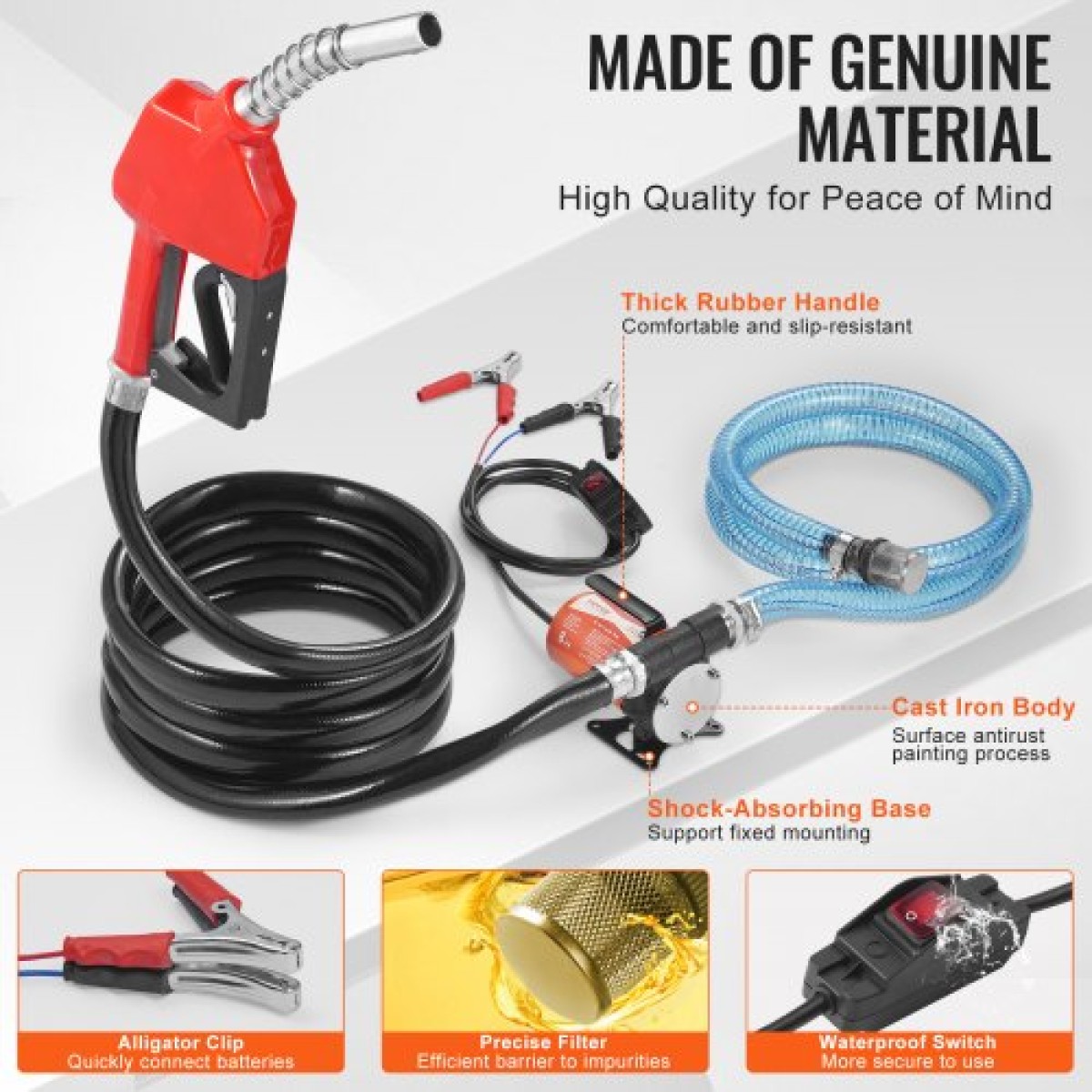 Αντλία μεταφοράς καυσίμου VEVOR, 12V DC 30L/min (8 GPM) 124W (1/6 HP), Φορητή ηλεκτρική αντλία μεταφοράς ντίζελ με ακροφύσιο αυτόματης απενεργοποίησης καυσίμου, μακρύς εύκαμπτος σωλήνας εισόδου & εξόδου για μείγματα βενζίνης, ντίζελ, κηροζίνης, μεθανό