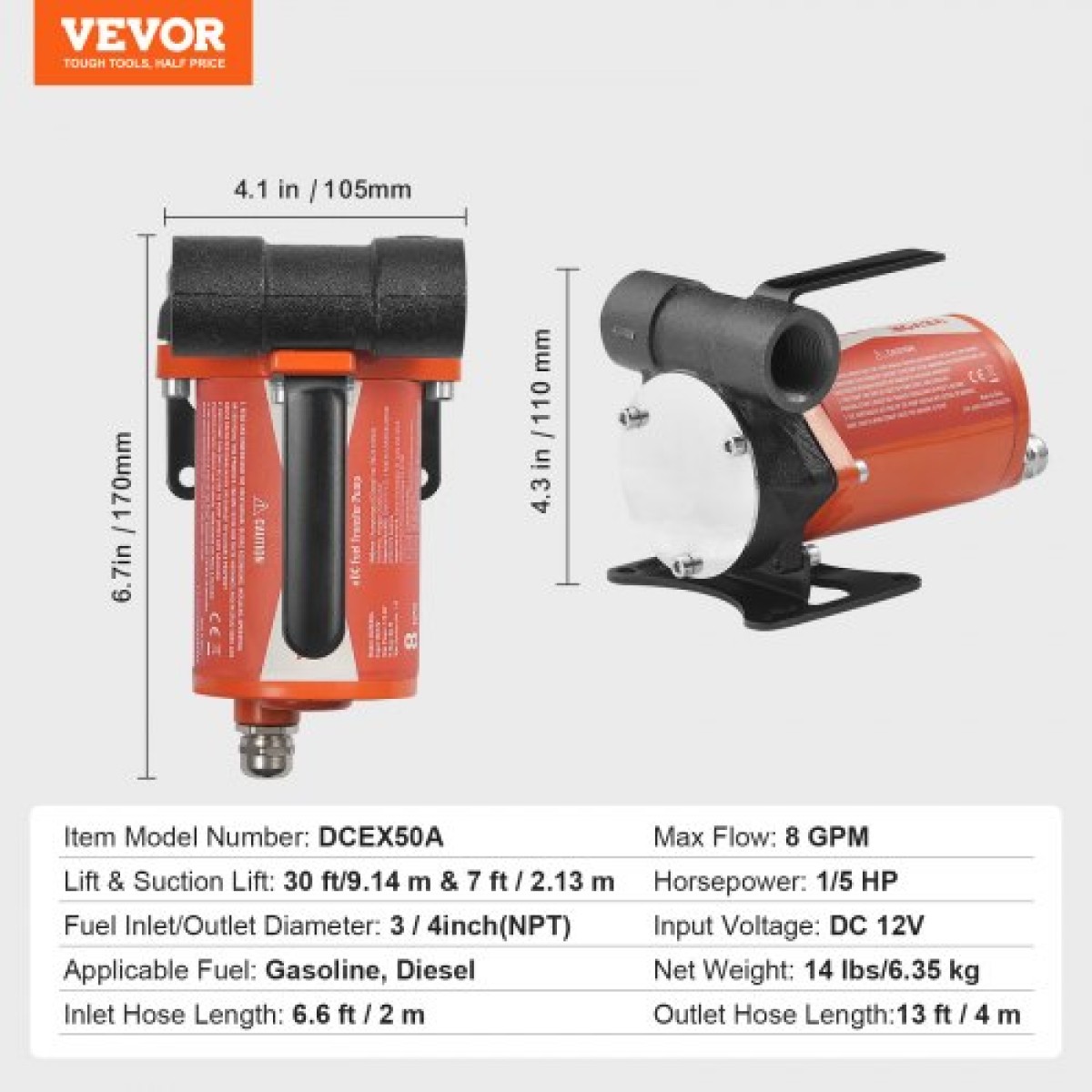 Αντλία μεταφοράς καυσίμου VEVOR, 12V DC 30L/min (8 GPM) 124W (1/6 HP), Φορητή ηλεκτρική αντλία μεταφοράς ντίζελ με ακροφύσιο αυτόματης απενεργοποίησης καυσίμου, μακρύς εύκαμπτος σωλήνας εισόδου & εξόδου για μείγματα βενζίνης, ντίζελ, κηροζίνης, μεθανό