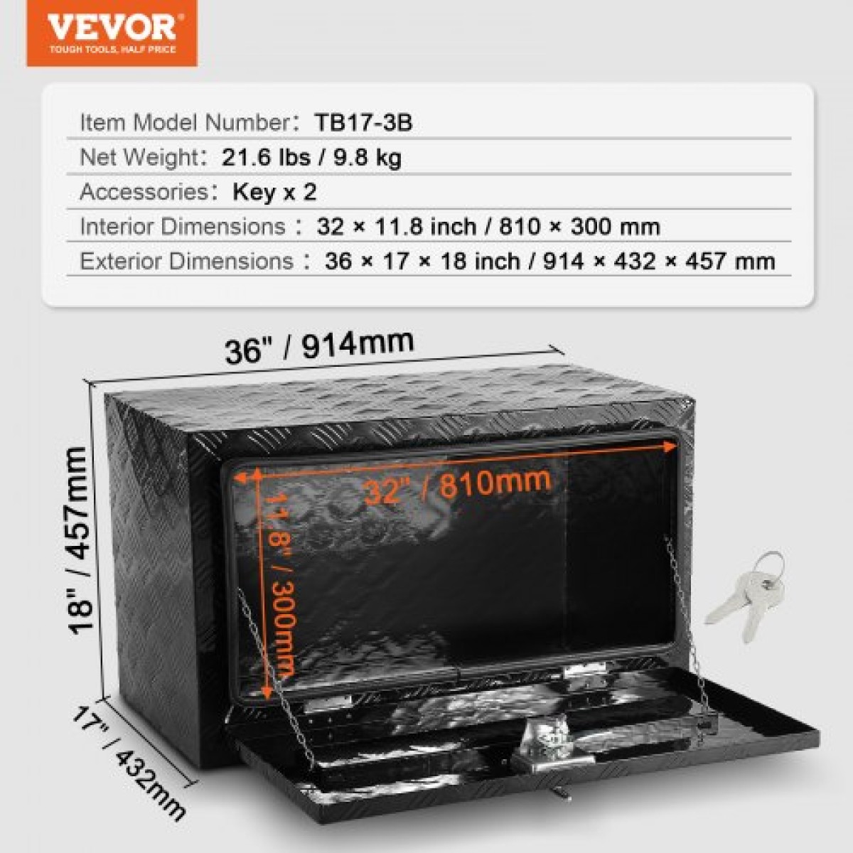 VEVOR Underbody Truck Box, 36" x 17" x 18" Pickup Storage Box, Heavy Duty Diamond Plate Tool Box με κλειδαριά και κλειδιά, Αδιάβροχο κουτί αποθήκευσης τρέιλερ με μάνταλο T-handle για φορτηγό, φορτηγό, τρέιλερ