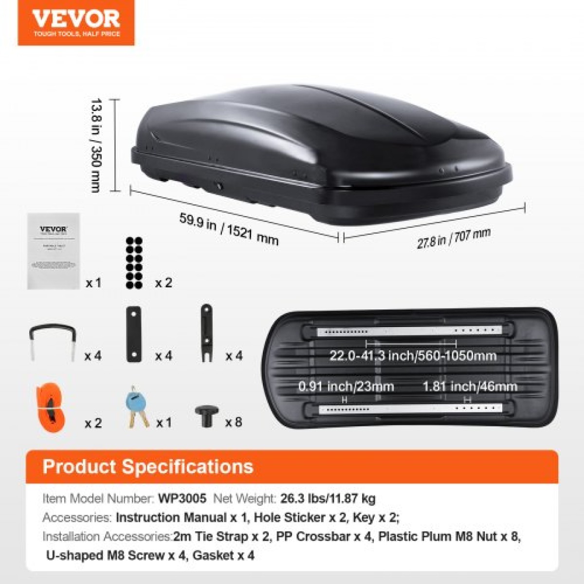 VEVOR Rooftop Cargo Carrier, 8 Cubic Feet Roof Cargo Box, ABS Hard Shell Roof Box, με άνοιγμα διπλής όψης και 2 ενισχυμένους ιμάντες, Αεροδυναμική, Κατάλληλη για τις περισσότερες Crossbar, για Αυτοκίνητο, Βαγόνι, SUV, Μαύρο