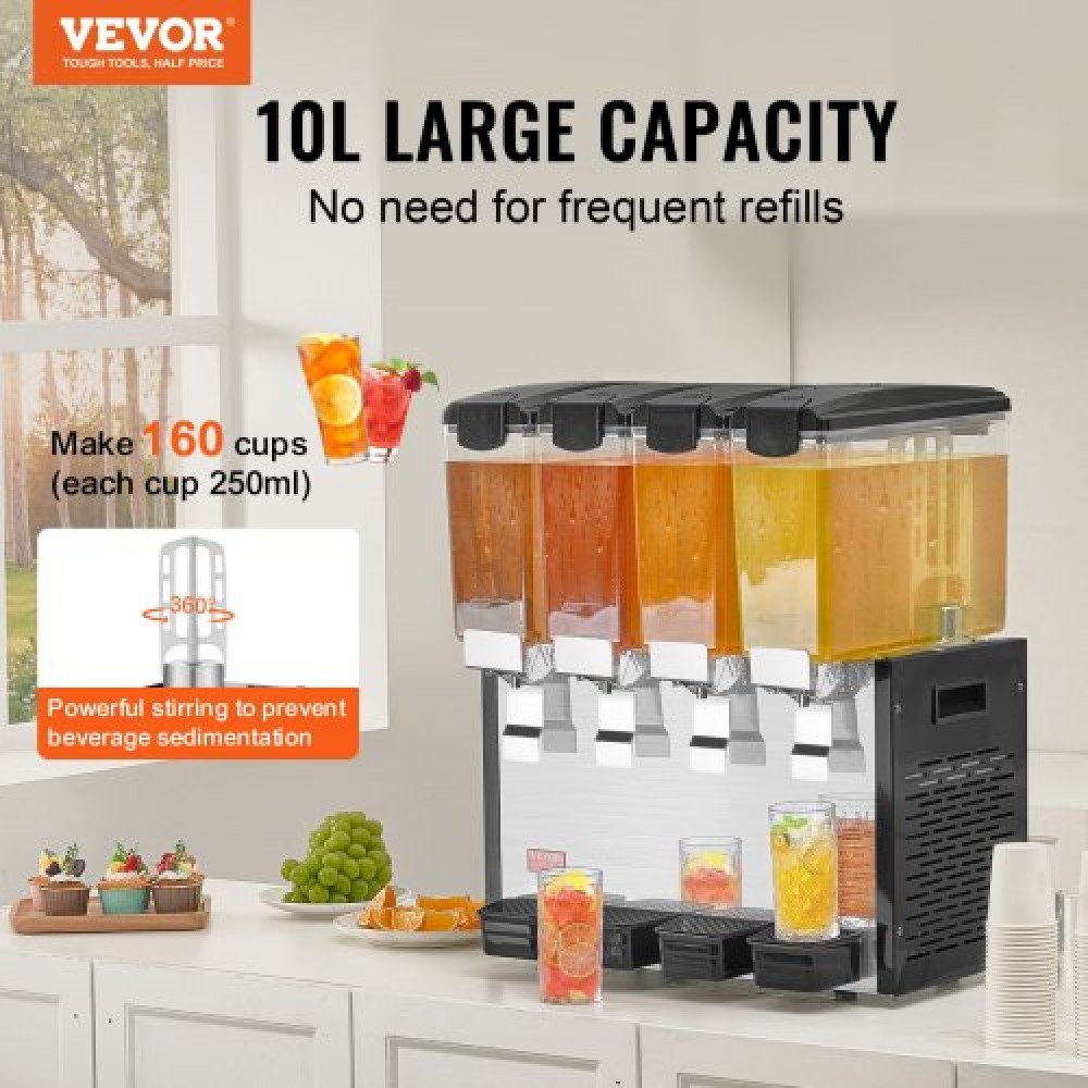 VEVOR Commercial Beverage Dispenser, 4 Tanks 10 L Per Tank Juice Dispenser, 430W Inox Ice Tea Drink Machine με θερμοκρασία ψύξης 45°F-54°F, για κρύο ποτό Restaurant Bar Party