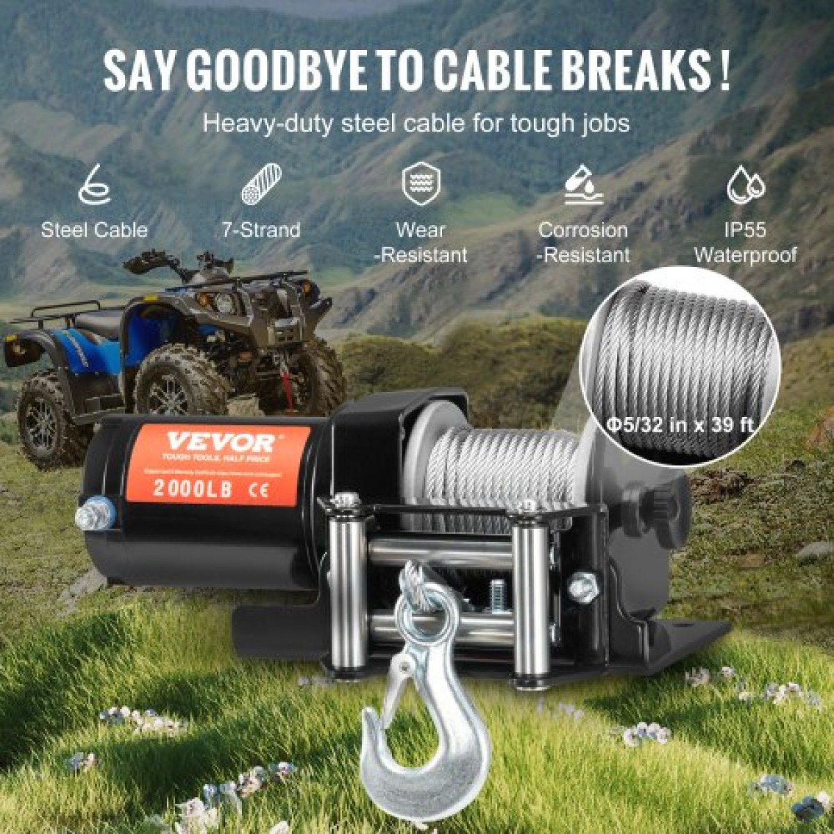 VEVOR Ηλεκτρικό βαρούλκο ATV UTV 907,2 kg Ατσάλινο καλώδιο IP 55 Αδιάβροχο ενσύρματο χειριστήριο