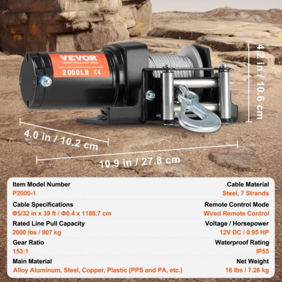 VEVOR Ηλεκτρικό βαρούλκο ATV UTV 907,2 kg Ατσάλινο καλώδιο IP 55 Αδιάβροχο ενσύρματο χειριστήριο