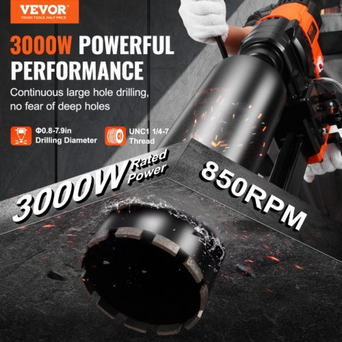 Μηχάνημα τρυπανιού VEVOR Core 2,03-20,1 cm Diamond Core Drill Rig with Stand Dia 3000W