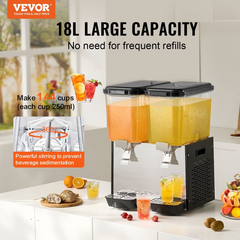VEVOR Commercial Beverage Dispenser, 2 Tanks 18 L Per Tank Juice Dispenser, 370W inox Ice Tea Drink Machine με θερμοκρασία ψύξης 45°F-54°F, για κρύο ποτό Restaurant Bar Party