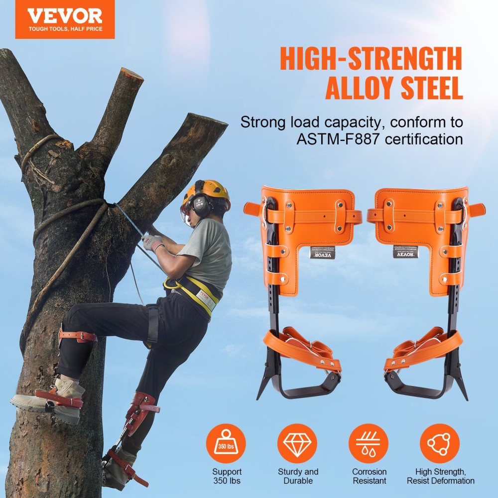 VEVOR Tree Climbing Spikes, 1 Pair Alloy Steel Climbing Spurs, Load Capacity 350lbs Tree Climbing Gear with Strate and Spike Protectors, Arborist Equipment for Orlimbers, Κυνήγι, Συλλογή φρούτων, Πορτοκάλι