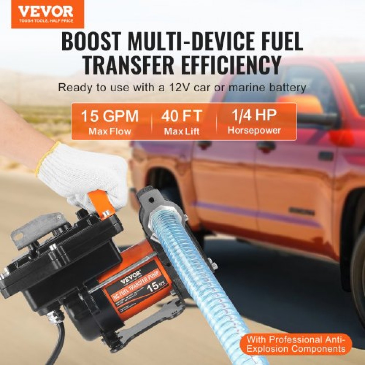 Αντλία μεταφοράς καυσίμου VEVOR, 12V DC 57L/min (15 GPM) 186W (1/4 HP), Φορητή ηλεκτρική αντλία μεταφοράς ντίζελ με ακροφύσιο καυσίμου αυτόματης απενεργοποίησης, μακρύς εύκαμπτος σωλήνας εισόδου & εξόδου για μείγματα βενζίνης, ντίζελ, κηροζίνης, μεθαν