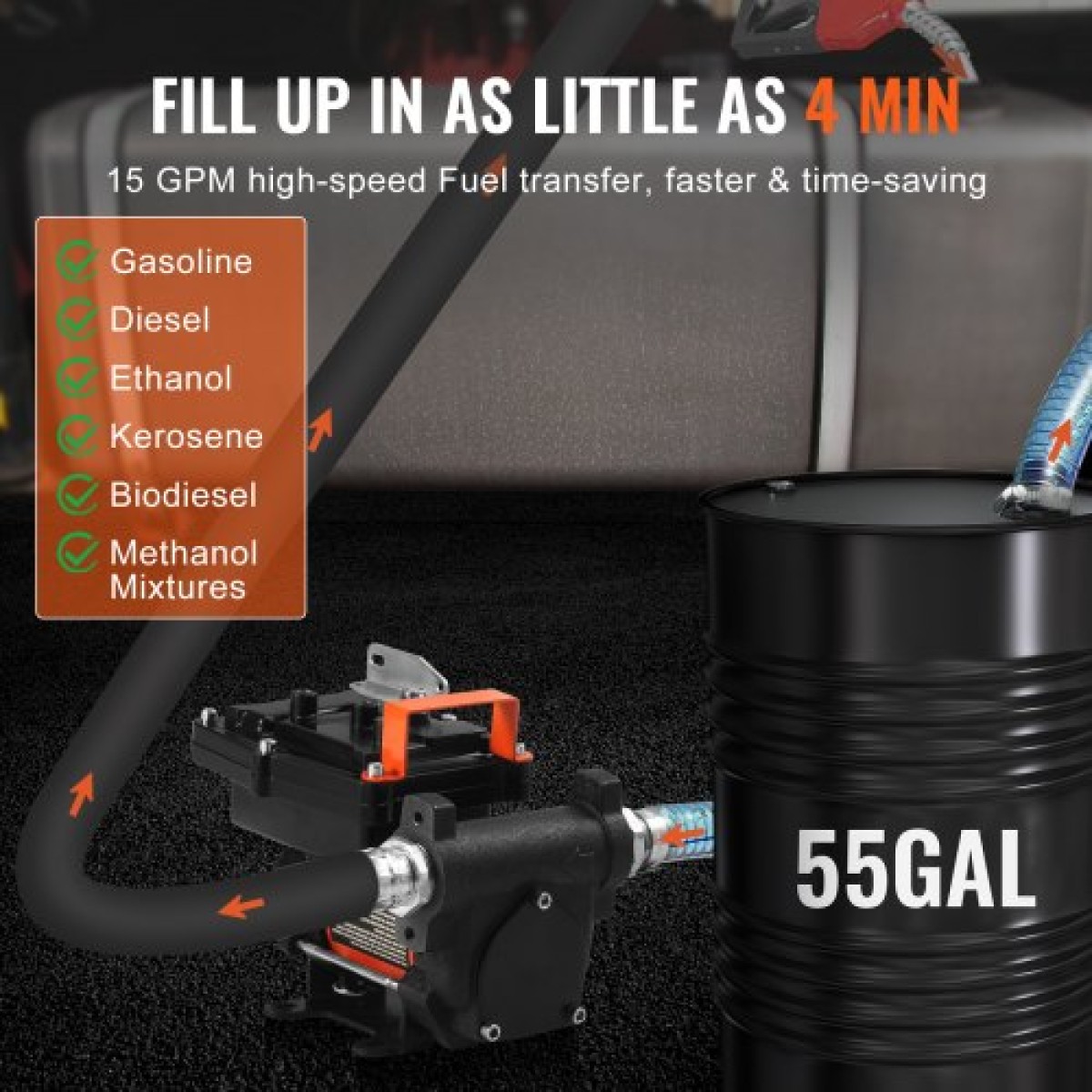Αντλία μεταφοράς καυσίμου VEVOR, 12V DC 57L/min (15 GPM) 186W (1/4 HP), Φορητή ηλεκτρική αντλία μεταφοράς ντίζελ με ακροφύσιο καυσίμου αυτόματης απενεργοποίησης, μακρύς εύκαμπτος σωλήνας εισόδου & εξόδου για μείγματα βενζίνης, ντίζελ, κηροζίνης, μεθαν