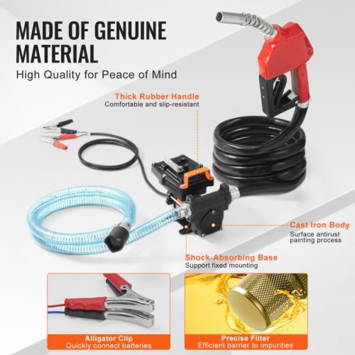 Αντλία μεταφοράς καυσίμου VEVOR, 12V DC 57L/min (15 GPM) 186W (1/4 HP), Φορητή ηλεκτρική αντλία μεταφοράς ντίζελ με ακροφύσιο καυσίμου αυτόματης απενεργοποίησης, μακρύς εύκαμπτος σωλήνας εισόδου & εξόδου για μείγματα βενζίνης, ντίζελ, κηροζίνης, μεθαν