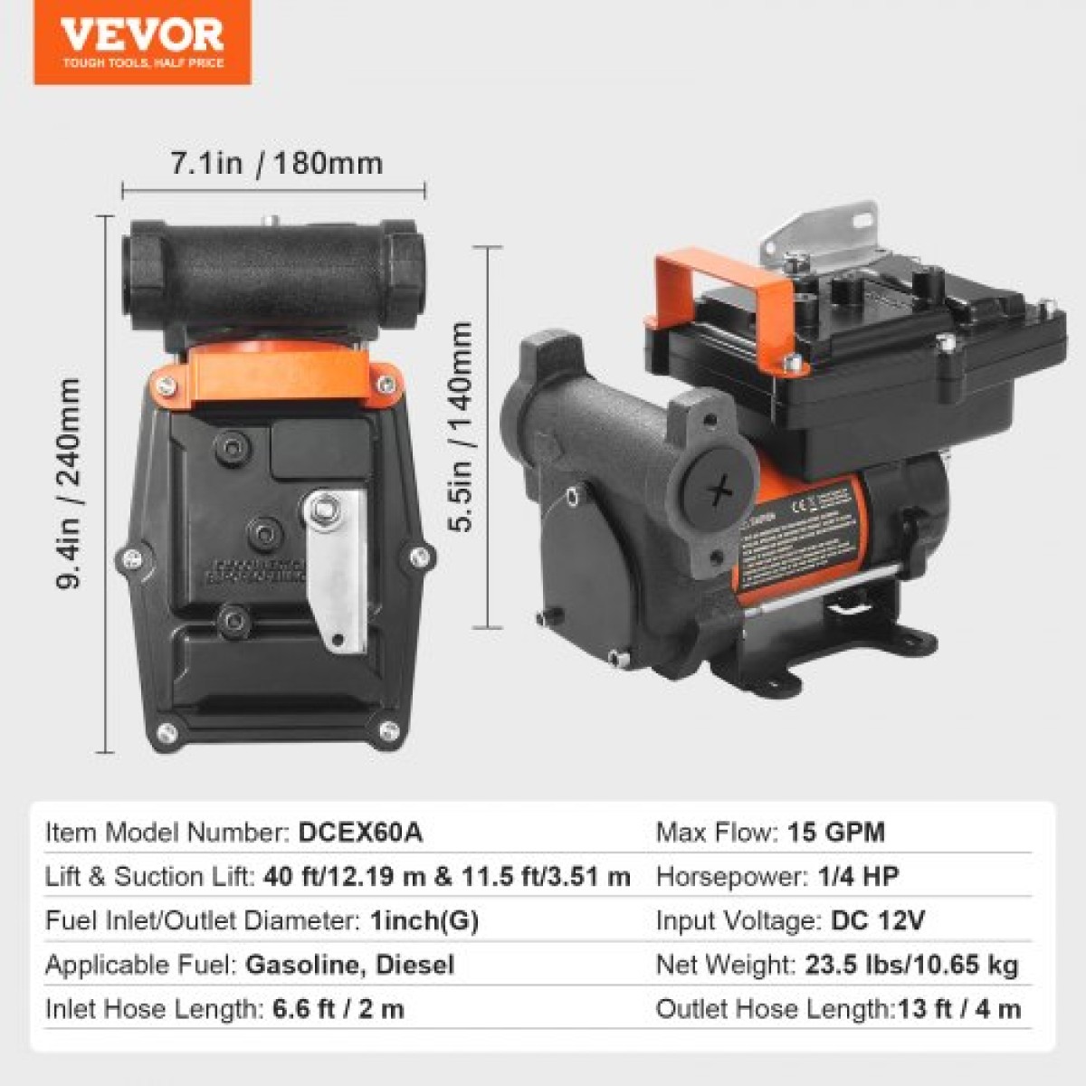 Αντλία μεταφοράς καυσίμου VEVOR, 12V DC 57L/min (15 GPM) 186W (1/4 HP), Φορητή ηλεκτρική αντλία μεταφοράς ντίζελ με ακροφύσιο καυσίμου αυτόματης απενεργοποίησης, μακρύς εύκαμπτος σωλήνας εισόδου & εξόδου για μείγματα βενζίνης, ντίζελ, κηροζίνης, μεθαν