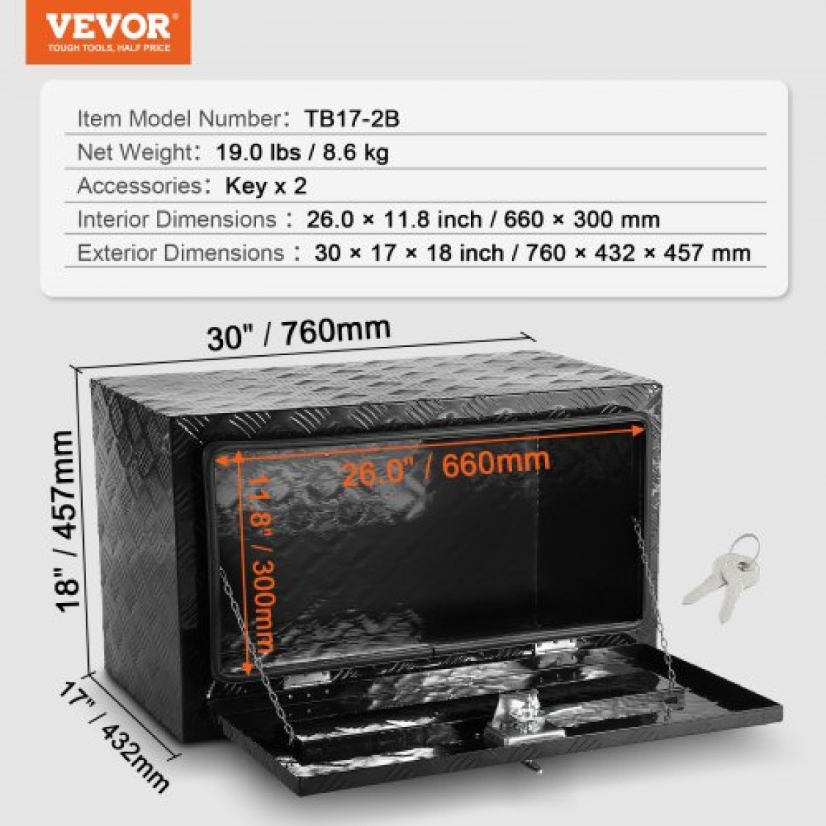 VEVOR Underbody Truck Box, 30" x 17" x 18" Pickup Storage Box, Heavy Duty Diamond Plate Tool Box με κλειδαριά και κλειδιά, Αδιάβροχο κουτί αποθήκευσης τρέιλερ με μάνταλο T-handle για φορτηγό, φορτηγό, ρυμουλκούμενο