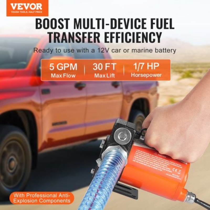 Αντλία μεταφοράς καυσίμου VEVOR, 12V DC 19L/min (5,3 GPM) 75W (1/10 HP), φορητή ηλεκτρική αντλία μεταφοράς ντίζελ με ακροφύσιο καυσίμου αυτόματης απενεργοποίησης, μακρύς σωλήνας εισόδου & εξόδου για μείγματα βενζίνης, ντίζελ, κηροζίνης, μεθανόλης