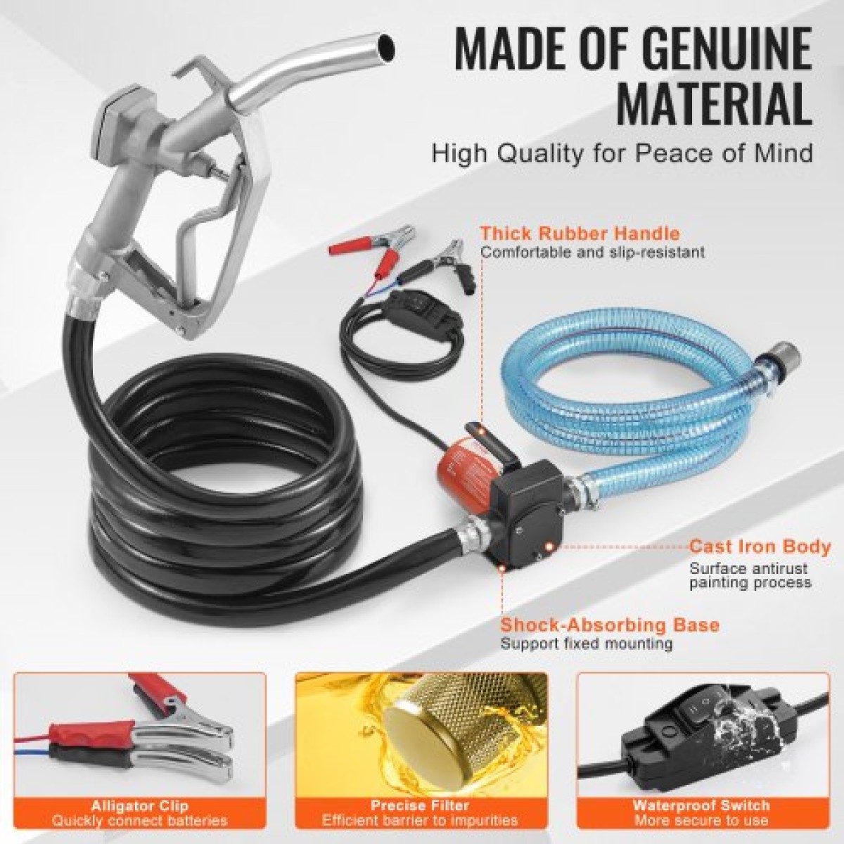 Αντλία μεταφοράς καυσίμου VEVOR, 12V DC 19L/min (5,3 GPM) 75W (1/10 HP), φορητή ηλεκτρική αντλία μεταφοράς ντίζελ με ακροφύσιο καυσίμου αυτόματης απενεργοποίησης, μακρύς σωλήνας εισόδου & εξόδου για μείγματα βενζίνης, ντίζελ, κηροζίνης, μεθανόλης
