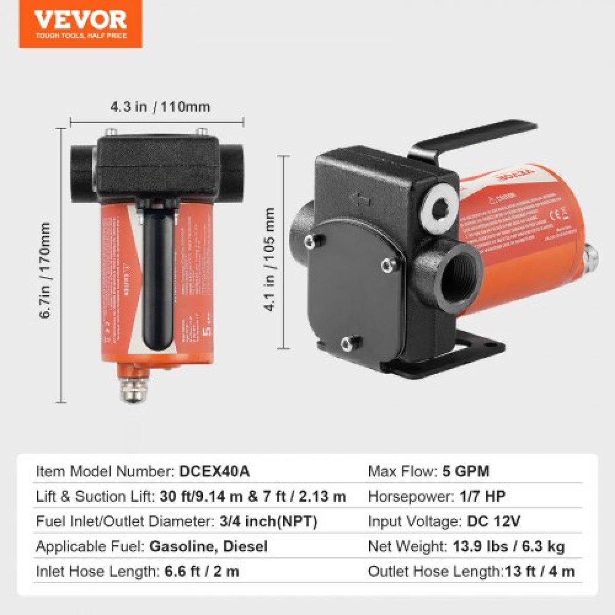 Αντλία μεταφοράς καυσίμου VEVOR, 12V DC 19L/min (5,3 GPM) 75W (1/10 HP), φορητή ηλεκτρική αντλία μεταφοράς ντίζελ με ακροφύσιο καυσίμου αυτόματης απενεργοποίησης, μακρύς σωλήνας εισόδου & εξόδου για μείγματα βενζίνης, ντίζελ, κηροζίνης, μεθανόλης