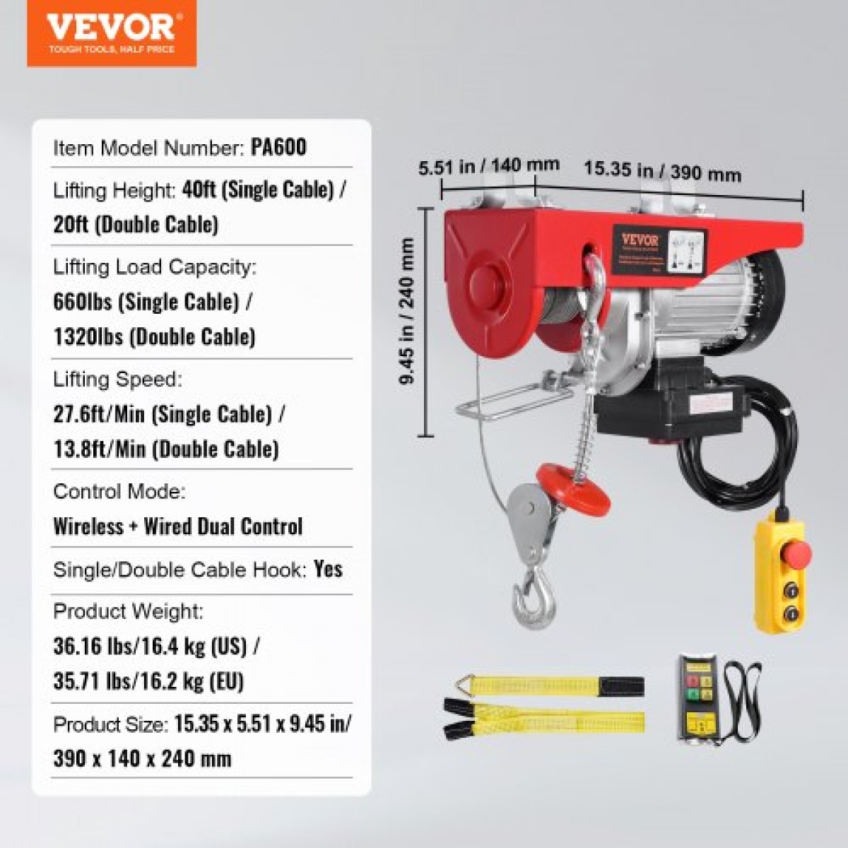 Βαρούλκο γερανού VEVOR Electric Hoist 598,7 kg 9997,4 cm Ασύρματο & 426,7 cm Ενσύρματο τηλεχειριστήριο