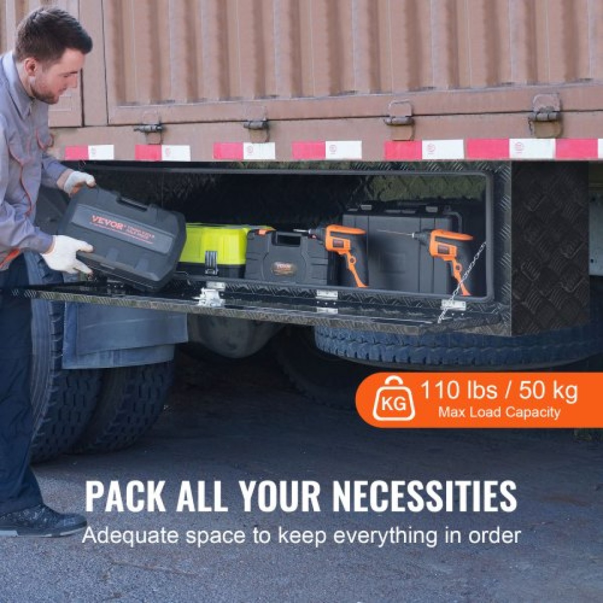 VEVOR Underbody Truck Box, 60" x 17" x 18" Pickup Storage Box, Heavy Duty Diamond Plate Tool Box με κλειδαριά και κλειδιά, αδιάβροχο κουτί αποθήκευσης τρέιλερ με μάνταλο T-handle για φορτηγό, φορτηγό, ρυμουλκούμενο