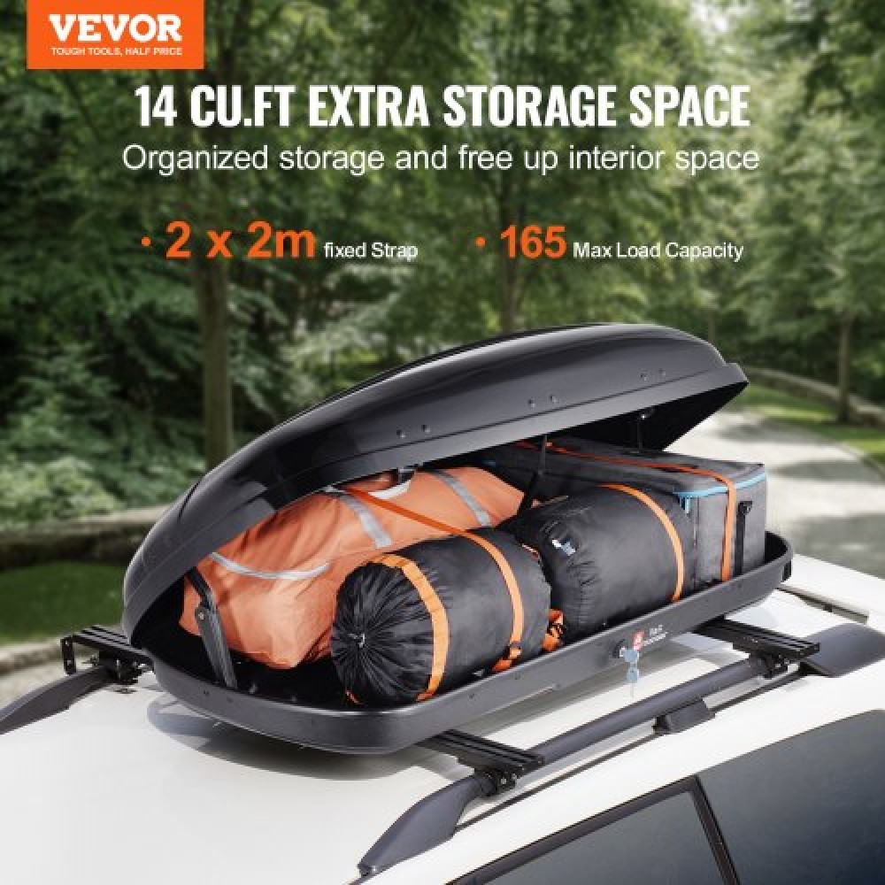 VEVOR Rooftop Cargo Carrier, 14 Cubic Feet Roof Cargo Box, ABS Hard Shell Roof Box, με άνοιγμα διπλής όψης και 2 ενισχυμένους ιμάντες, Αεροδυναμική, Κατάλληλη για τις περισσότερες Crossbar, για Αυτοκίνητο, Βαγόνι, SUV, Μαύρο
