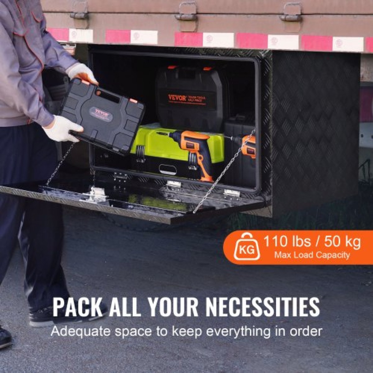 VEVOR Underbody Truck Box, 48" x 24" x 24" Pickup Storage Box, Heavy Duty Aluminium Diamond Plate Tool Box με κλειδαριά και κλειδιά, Αδιάβροχο κουτί αποθήκευσης τρέιλερ με μάνταλο T-handle για φορτηγό, φορτηγό, ρυμουλκούμενο