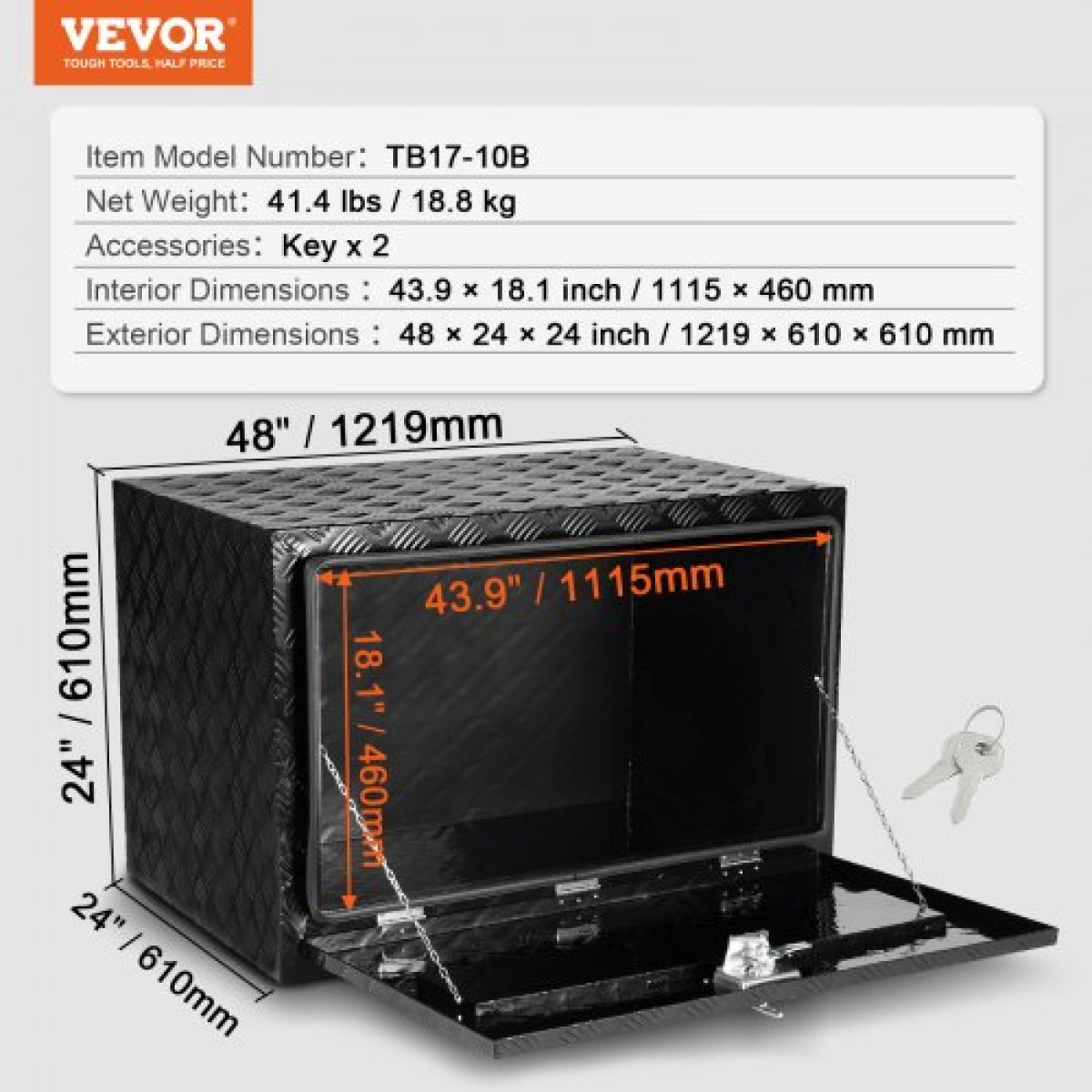 VEVOR Underbody Truck Box, 48" x 24" x 24" Pickup Storage Box, Heavy Duty Aluminium Diamond Plate Tool Box με κλειδαριά και κλειδιά, Αδιάβροχο κουτί αποθήκευσης τρέιλερ με μάνταλο T-handle για φορτηγό, φορτηγό, ρυμουλκούμενο