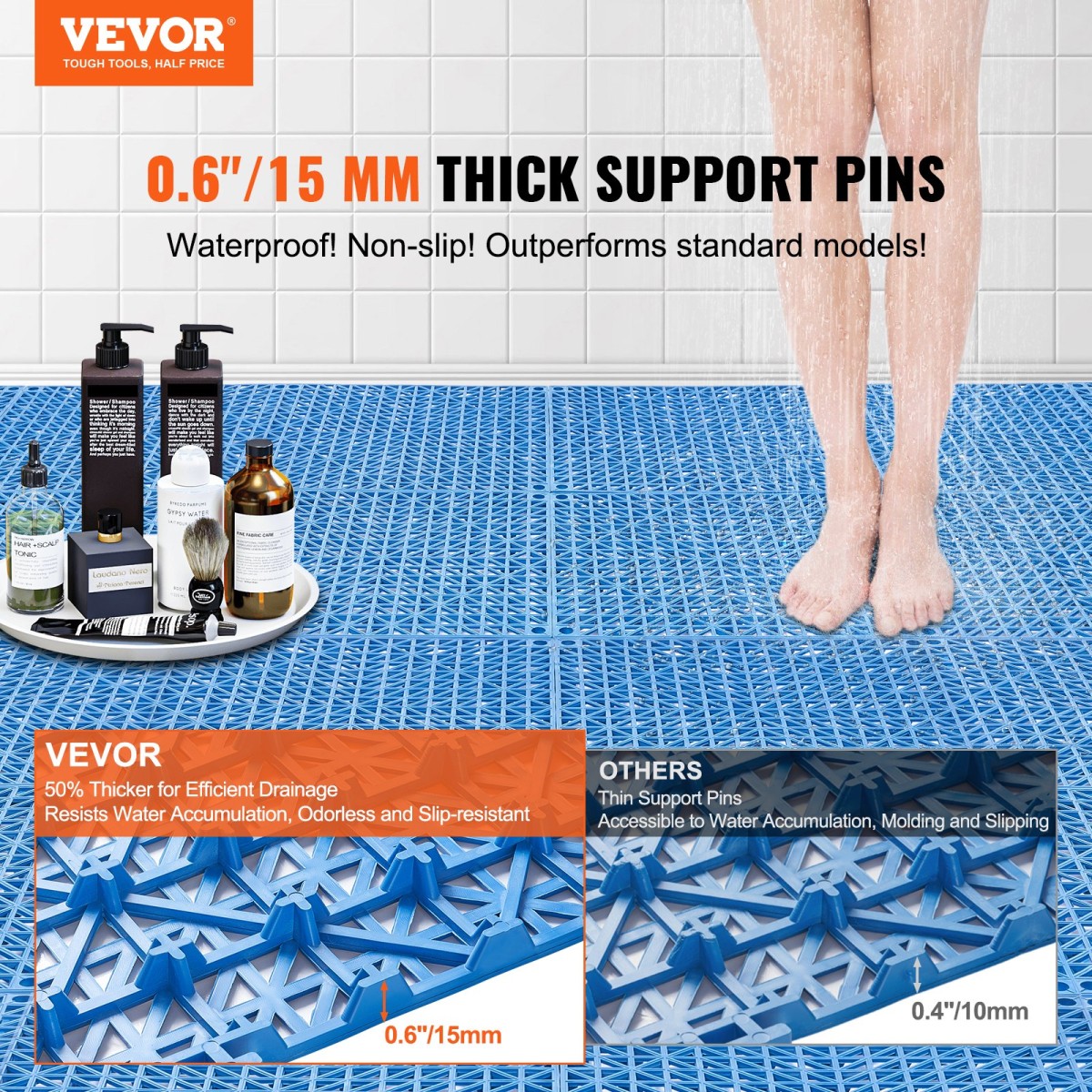 VEVOR Modular Interlocking Cushion, 55 Pack 30 x 30 cm Splicing Drinage Mats, Μαλακό PVC Πλακάκια δαπέδου αποχέτευσης, Αντιολισθητικές οπές αποστράγγισης για τουαλέτα, Μπάνιο, Κουζίνα, Πισίνα, Υγρό Χώρο, Μπλε