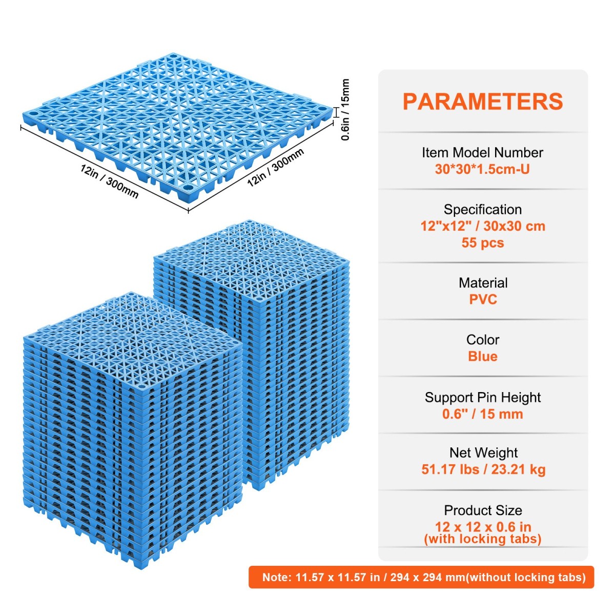 VEVOR Modular Interlocking Cushion, 55 Pack 30 x 30 cm Splicing Drinage Mats, Μαλακό PVC Πλακάκια δαπέδου αποχέτευσης, Αντιολισθητικές οπές αποστράγγισης για τουαλέτα, Μπάνιο, Κουζίνα, Πισίνα, Υγρό Χώρο, Μπλε