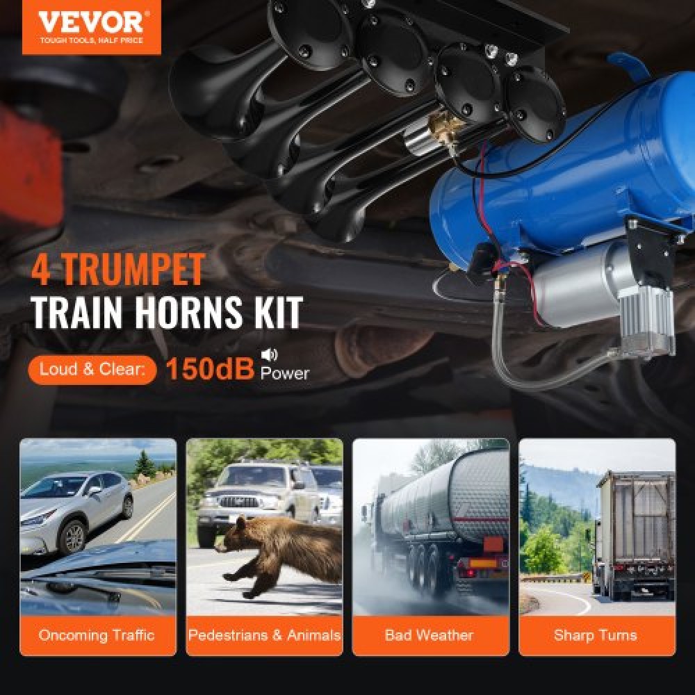VEVOR Train Horns Kit, 4 Trumpet Air Horn Kit, 150dB Train Horns for Pickup Trucks, 12V 120 psi Air Compressor 1.6 Gal/6 L Tank with Gauge for Any 12V Vehicle Car Truck Train Van Boat