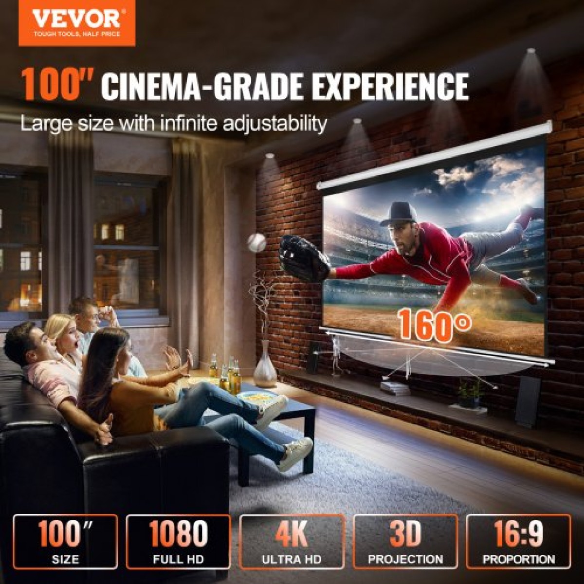 VEVOR Χειροκίνητη Οθόνη Προβολέα 100 ιντσών 16:9 4K 1080 HD αναδιπλούμενη οθόνη προβολής, Φορητή οθόνη προβολής με αυτόματο κλείδωμα, Φορητή οθόνη ταινίας προβολέα για Οικογενειακό Home Office Theatre