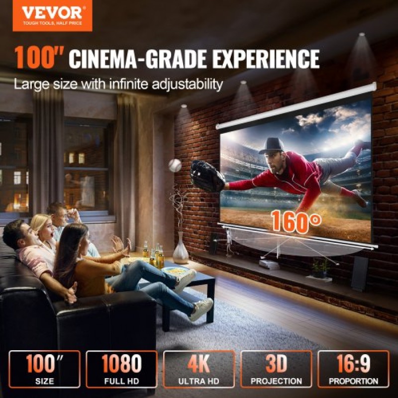 VEVOR Χειροκίνητη Οθόνη Προβολέα 100 ιντσών 16:9 4K 1080 HD αναδιπλούμενη οθόνη προβολής, Φορητή οθόνη προβολής με αυτόματο κλείδωμα, Φορητή οθόνη ταινίας προβολέα για Οικογενειακό Home Office Theatre