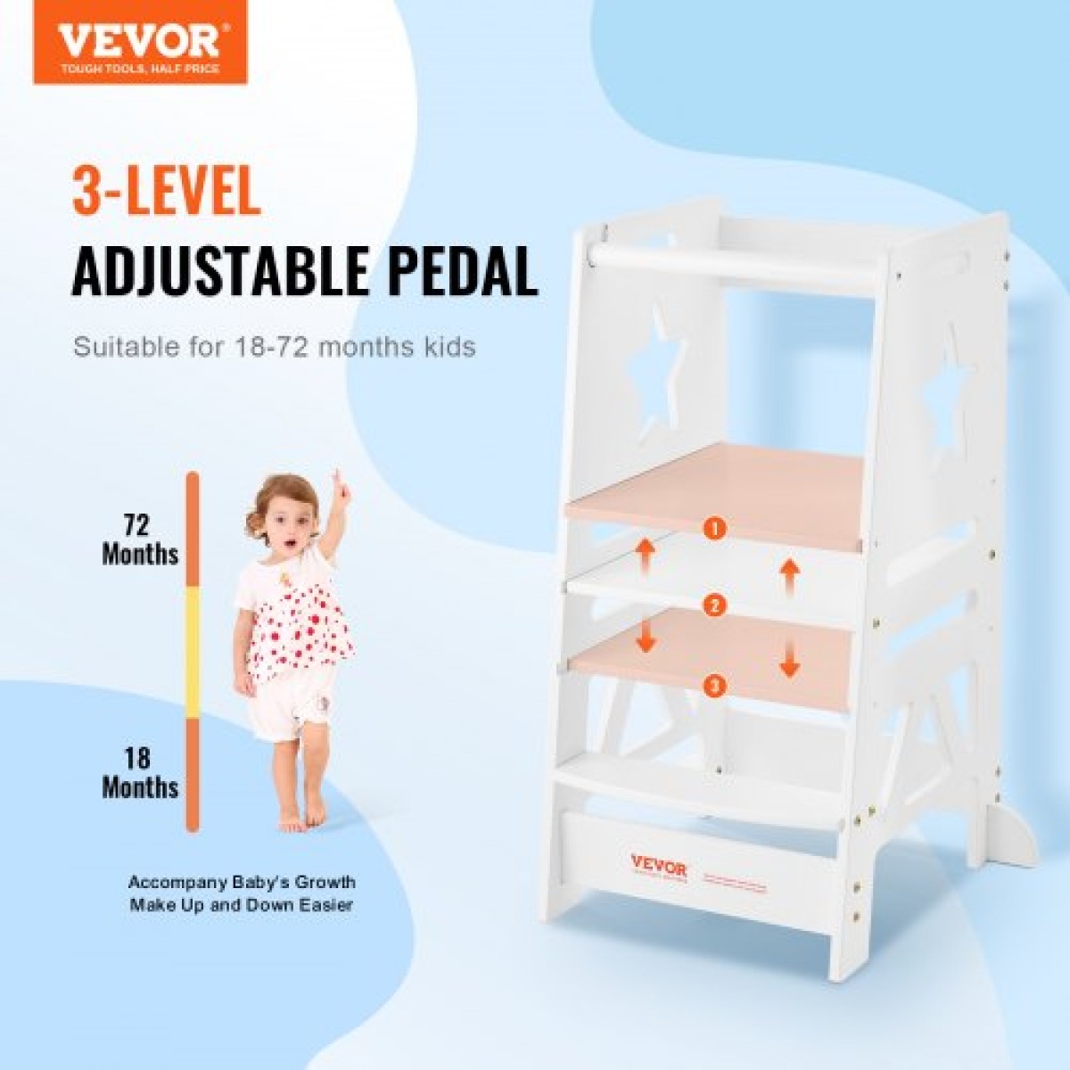 Βήμα σκαμπό VEVOR Tower για παιδιά και νήπια, Βοηθητικό σκαμπό κουζίνας μικρών παιδιών με ρυθμιζόμενο ύψος 3 επιπέδων, σκαμπό εκμάθησης πύργου Bamboo Standing με ράγα ασφαλείας για μπάνιο υπνοδωματίου, φόρτωση 350 LBS, Λευκό