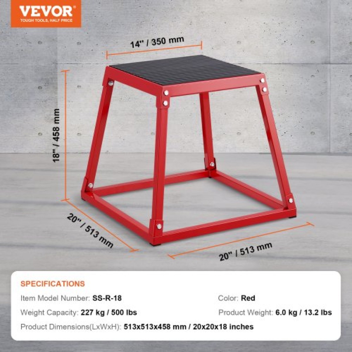 VEVOR Plyometric Jump Box, 18 Inch Plyo Box, Steel Plyometric Platform and Jumping Agility Box, Anti-slip Fitness Step Up Box for Home Gym Training, Conditioning Strength Training, Κόκκινο