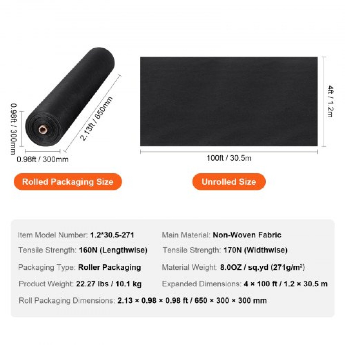 VEVOR Non Woven Geotextile Fabric Under Gravel, 4x100FT 8OZ Driveway Fabric Landscape Fabric, Heavy Duty Weed Barrier Fabric, Ground Cover Weed Control Fabric, French Drains Drainage Fabric, Black