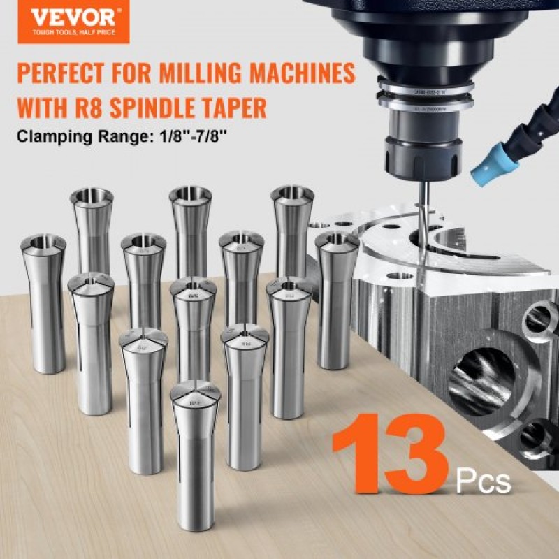 VEVOR 13 pcs Precision R8 Collet Set, 1/8" - 7/8", 45# Mill Collet Chuck 0,0012"/30μm TIR with 13 Labeled Storage Boxes, for Milling Machine Drill Presses Boring Machine Machining Center
