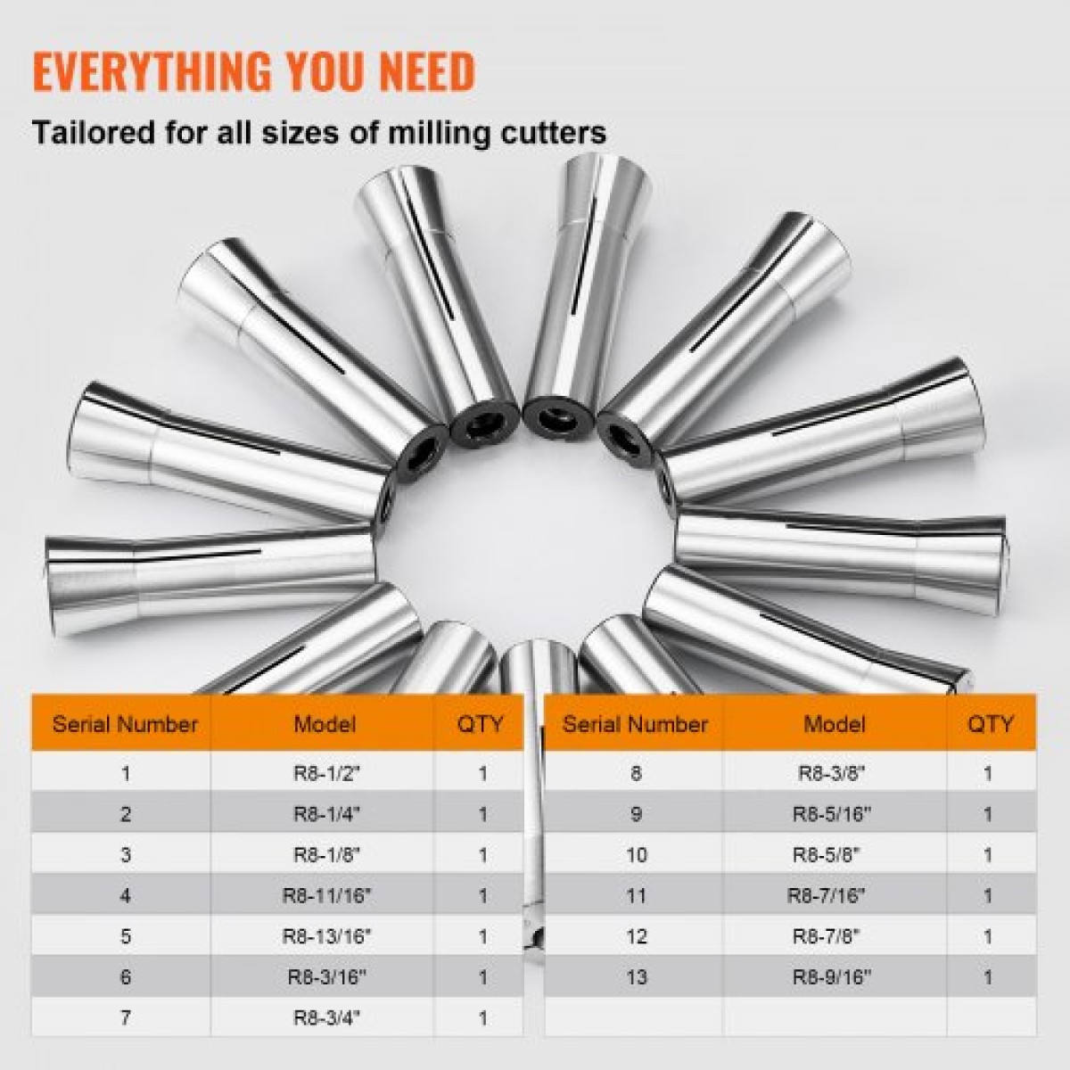 VEVOR 13 pcs Precision R8 Collet Set, 1/8" - 7/8", 45# Mill Collet Chuck 0,0012"/30μm TIR with 13 Labeled Storage Boxes, for Milling Machine Drill Presses Boring Machine Machining Center