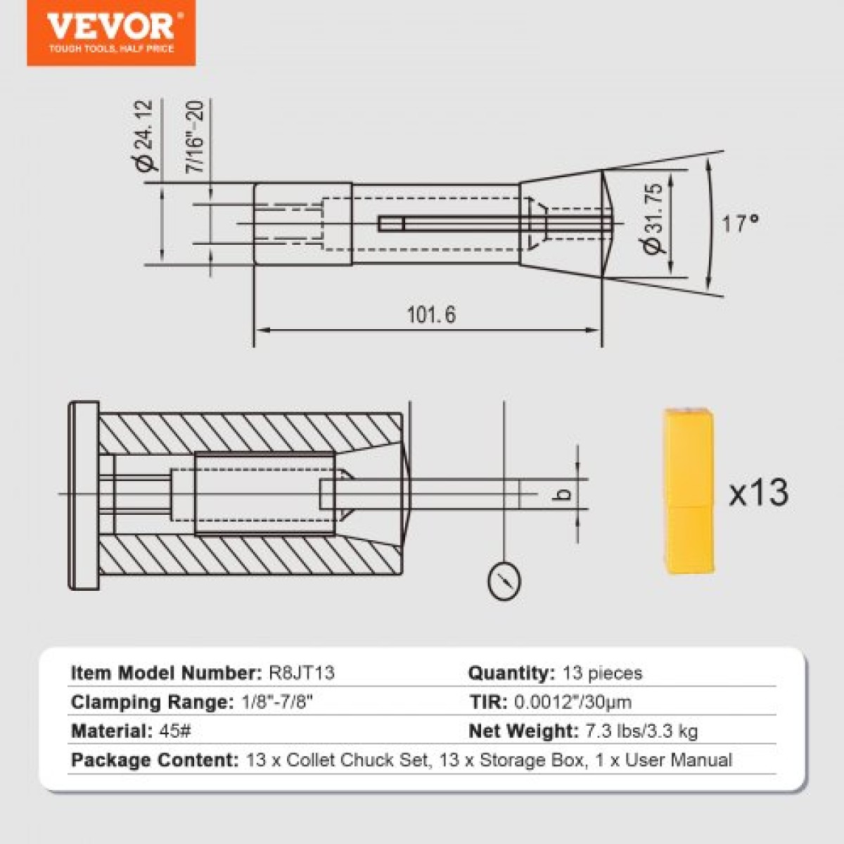 VEVOR 13 pcs Precision R8 Collet Set, 1/8" - 7/8", 45# Mill Collet Chuck 0,0012"/30μm TIR with 13 Labeled Storage Boxes, for Milling Machine Drill Presses Boring Machine Machining Center