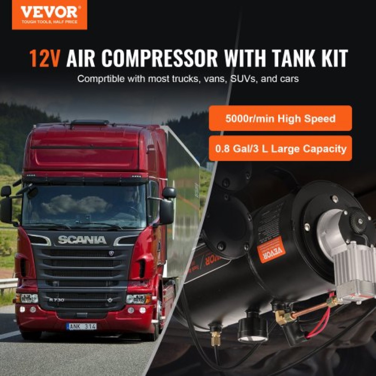 VEVOR 12V Air Compressor with Tank 0,8 Gallon/3 L, Train Horn Air Compressor, 120 psi Working Pressure Onboard Air Compressor System for Train Air Horns, Inflating ελαστικά, Air Stratters