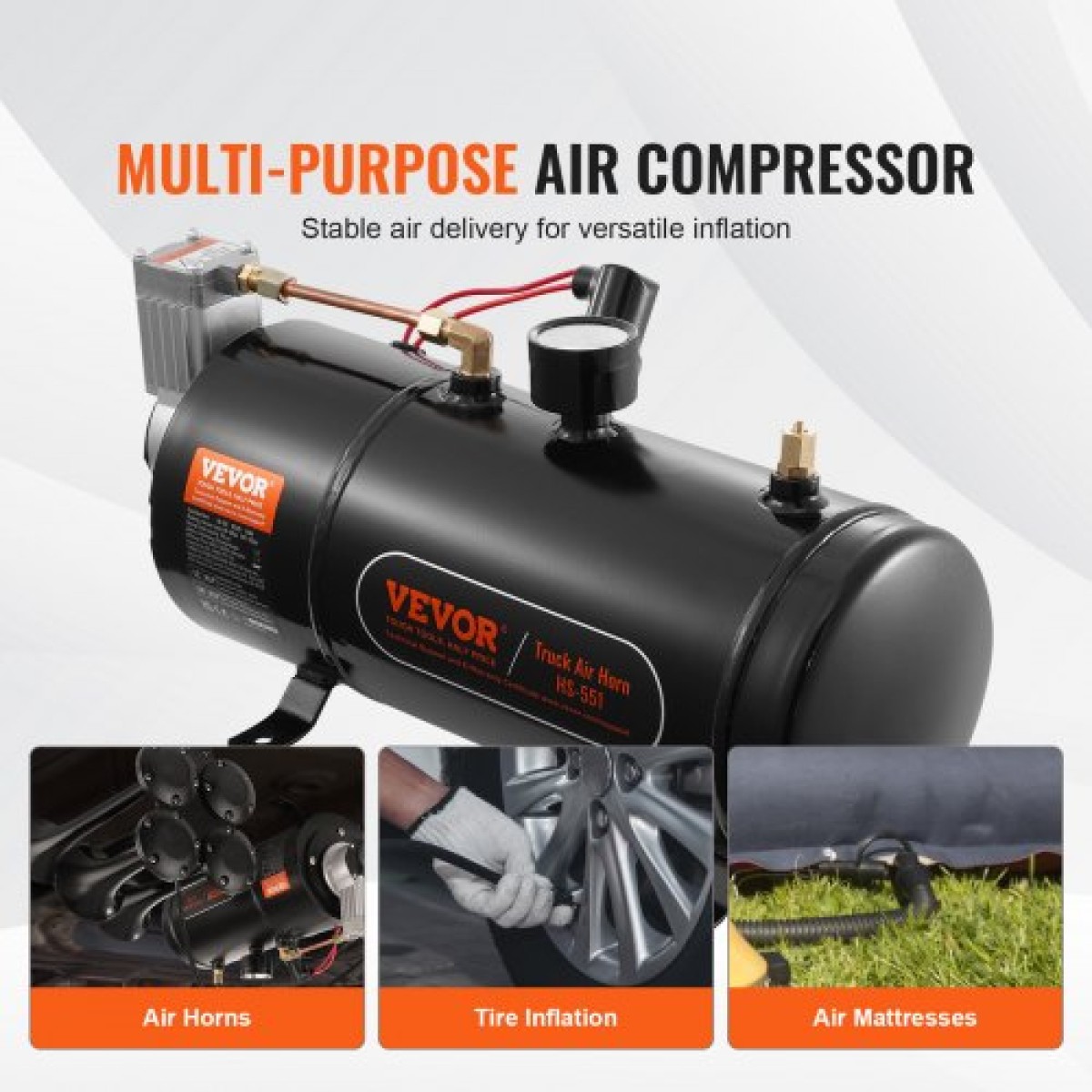 VEVOR 12V Air Compressor with Tank 0,8 Gallon/3 L, Train Horn Air Compressor, 120 psi Working Pressure Onboard Air Compressor System for Train Air Horns, Inflating ελαστικά, Air Stratters