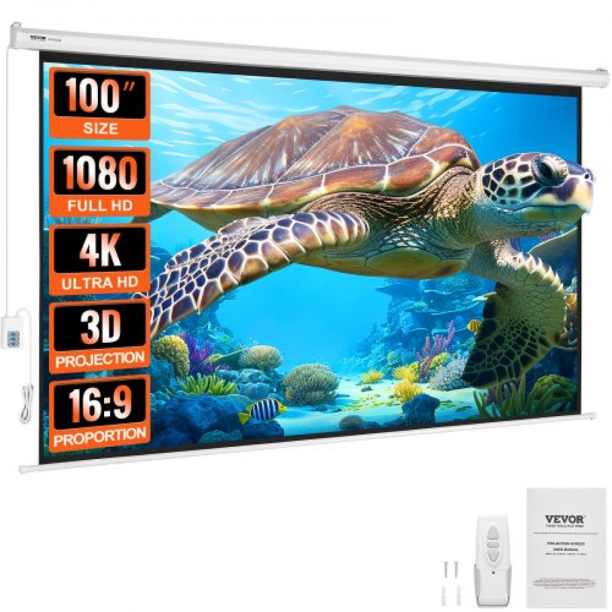VEVOR Μηχανοκίνητη Οθόνη Προβολέα 100 ιντσών 16:9 4K 1080 HD Οθόνη Ηλεκτρικού Προβολέα, Αυτόματη Οθόνη Προβολής με Τηλεχειριστήριο, Οθόνη Ταινιών Επιτοίχιας Στήριξης για Οικογενειακό Οικιακό Θέατρο