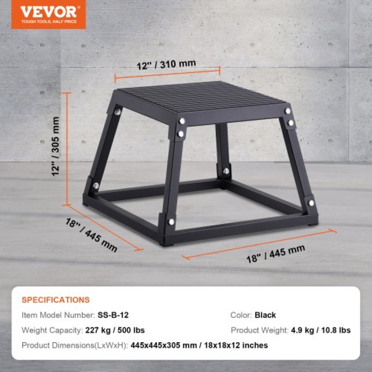 VEVOR Plyometric Jump Box, 12 Inch Plyo Box, Steel Plyometric Platform and Jumping Agility Box, Anti-slip Fitness Step Up Box for Home Gym Training, Conditioning Strength Training, Μαύρο